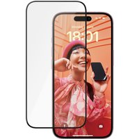 PanzerGlass Ceramic Protection for iPhone 15, ultra-wide fit, clear screen protector with black border.