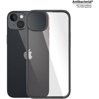Transparent PanzerGlass ClearCase for iPhone 14 Plus with black edges and antibacterial coating.