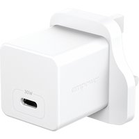 White PanzerGlass 30W USB-C charger with UK plug, compact design, embossed logo on side.