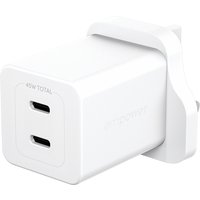 White PanzerGlass Turbo 45W charger with UK plug, featuring two USB-C ports on the front.