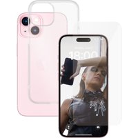 Clear PanzerGlass screen protector and transparent case for iPhone 15, showcasing phone with model image on display.