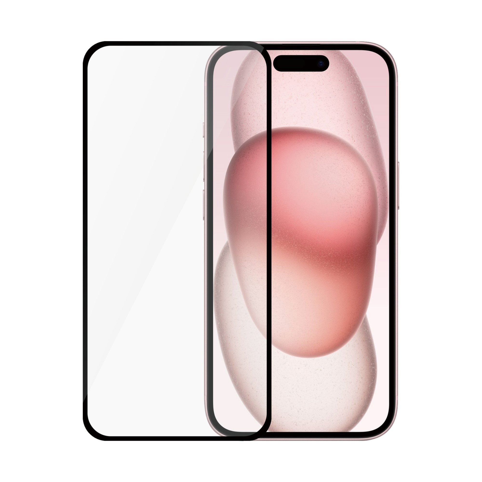 Transparent ultra-wide screen protector for iPhone 15 with a black border, designed for maximum coverage and protection against scratches and impacts.
