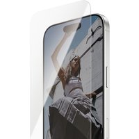 Clear PanzerGlass screen protector for iPhone 17/16 Pro, ultra-wide fit with EasyAligner, shown on phone screen.
