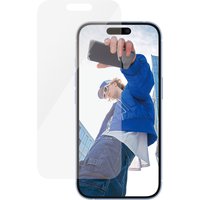 PanzerGlass screen protector for iPhone 16/15, clear, edge-to-edge fit, with cutout for front camera and sensors.