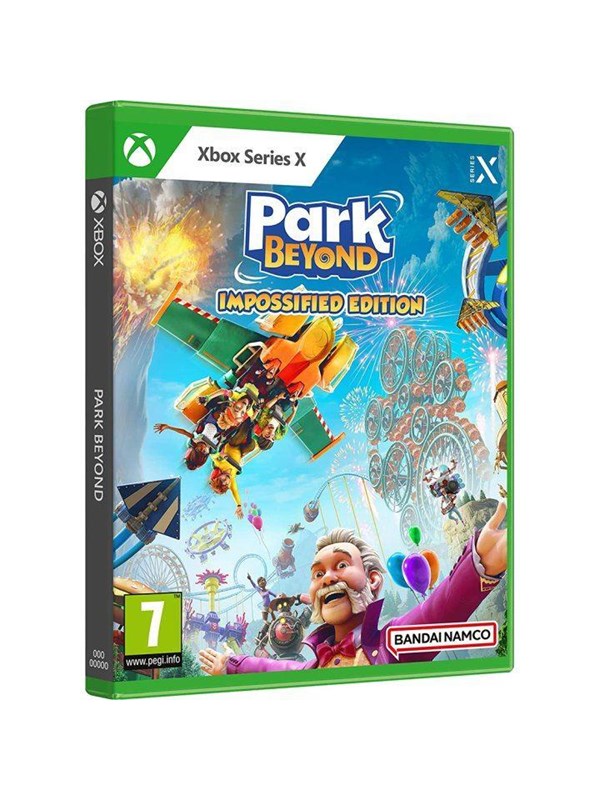 Green Xbox Series X game case featuring "Park Beyond Impossified Edition" with colorful artwork of a theme park and characters, including a cheerful man and various rides.