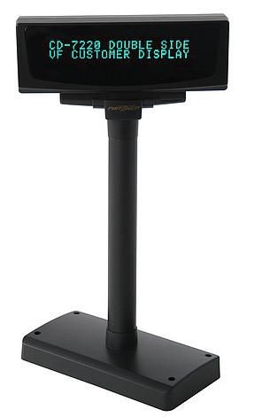 Black double-sided customer display on a sturdy black stand, featuring a clear blue LED screen that shows text, designed for retail environments.