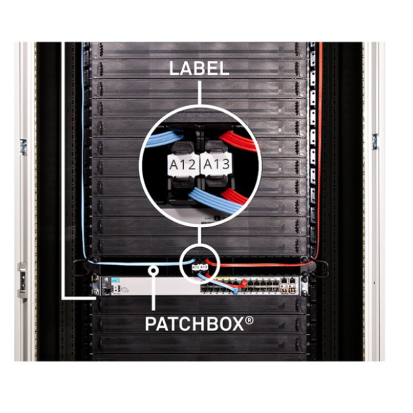 60 PATCHBOX identification labels in a server rack, featuring clear white text on a black background, designed for easy cable management and organization.