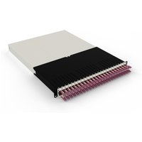 PATCHBOX .one 30RU OM4 LC-LC cable manager with black and white casing, featuring multiple pink fiber optic cables.