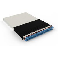 PATCHBOX .one 30RU OS2 LC-SC with black and white casing, blue connectors, and organized fiber optic cables.