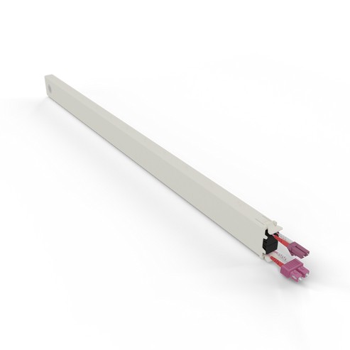 White 30RU cassette with OM4 fiber optic cables, featuring LC-SC connectors in pink, designed for efficient cable management and connectivity.
