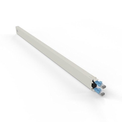 30RU STP Blue Cat6A cable management cassette in white, featuring multiple blue connectors at one end, designed for installation in a Patchbox frame.