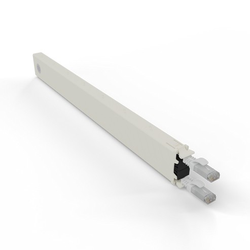 White 8RU PATCHBOX .one cassette with UTP connections, featuring a sleek design and two clear connectors at one end for easy network integration.