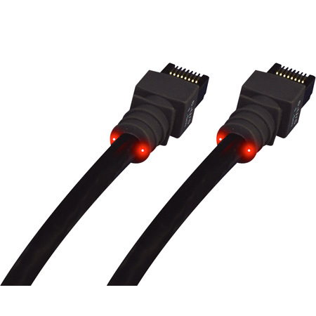 Black 2.1M C6 UFTP cable by Patchse, featuring two connectors with red LED indicators, designed for high-speed data transmission.