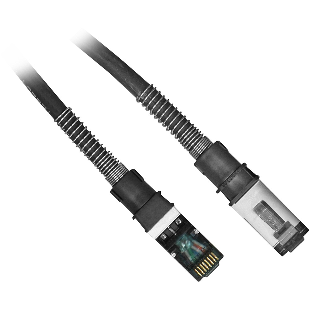 Black and gray Ethernet cable with a flexible, ribbed outer casing, featuring two transparent connectors at each end for secure connections.