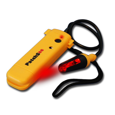 Bright yellow handheld device with a red LED light, featuring a black strap and the "PatchSe" logo, designed for visibility and ease of use.