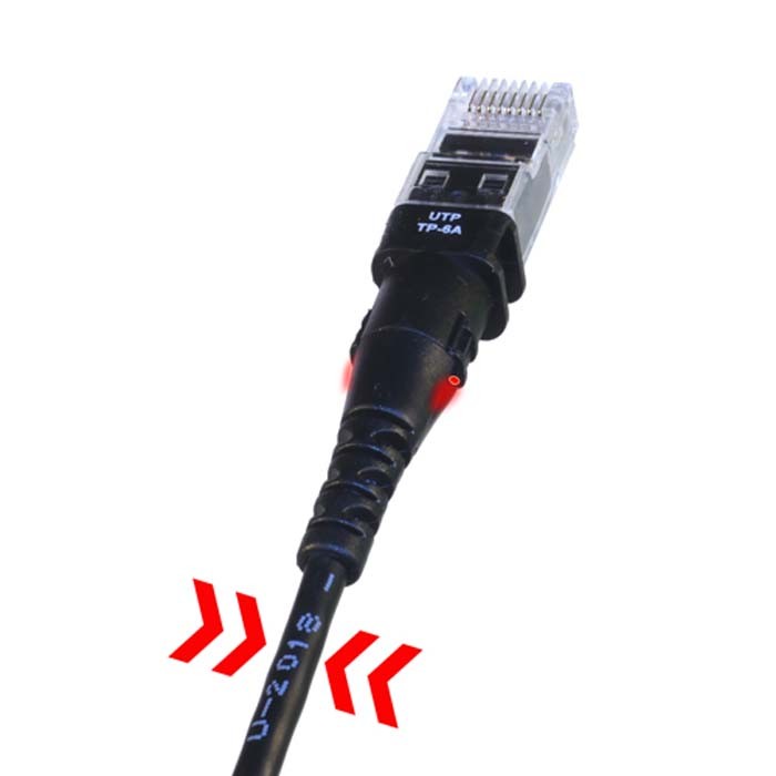 Black UTP cable with a transparent RJ45 connector, featuring a flexible design and labeled "UTP TP-6A," ideal for networking applications.