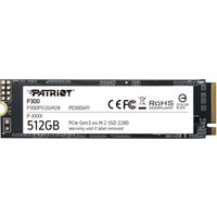 Black Patriot Memory P300 512GB M.2 PCIe SSD with white label and technical specifications printed on top.
