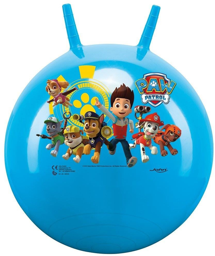 Bright blue inflatable hopper ball featuring Paw Patrol characters, including Chase and Marshall, with two handles and a paw print design.