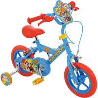 Blue Paw Patrol 12" kids' bike with red handlebars, training wheels, and character graphics on the frame and chain guard.