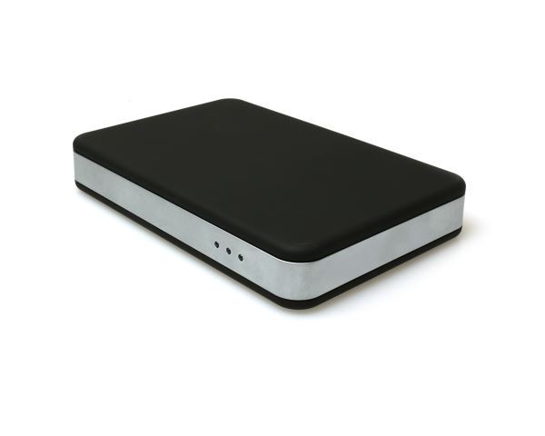 Black USB desktop reader with a sleek silver edge, featuring three indicator lights on the side, designed for efficient data access and connectivity.