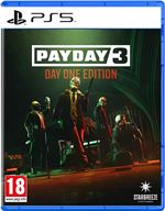 PAYDAY 3 - Day One Edition for PS5 features a dark cover with a group of masked characters in a heist setting, highlighted by bold white and red text on a blue case.