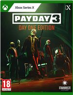 PAYDAY 3 - Day One Edition for Xbox Series X features a dark cover with masked characters, bold title text, and a green border, indicating its Xbox branding and age rating of 18.