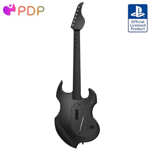 Black wireless guitar with a sleek design, featuring a solid body, a textured neck, and six tuning pegs, designed for PS5 by PDP, marked as an official licensed product.