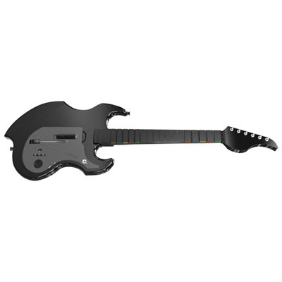 Black wireless guitar controller with a sleek design, featuring a textured grip, colored fret buttons, and a slot for an Xbox Series X connection.