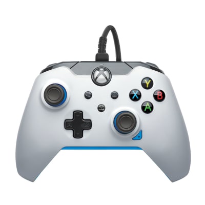 Wired PDP controller in Ion White for Xbox Series X|S, featuring a sleek design, dual thumbsticks, colored buttons, and a blue LED accent along the bottom.