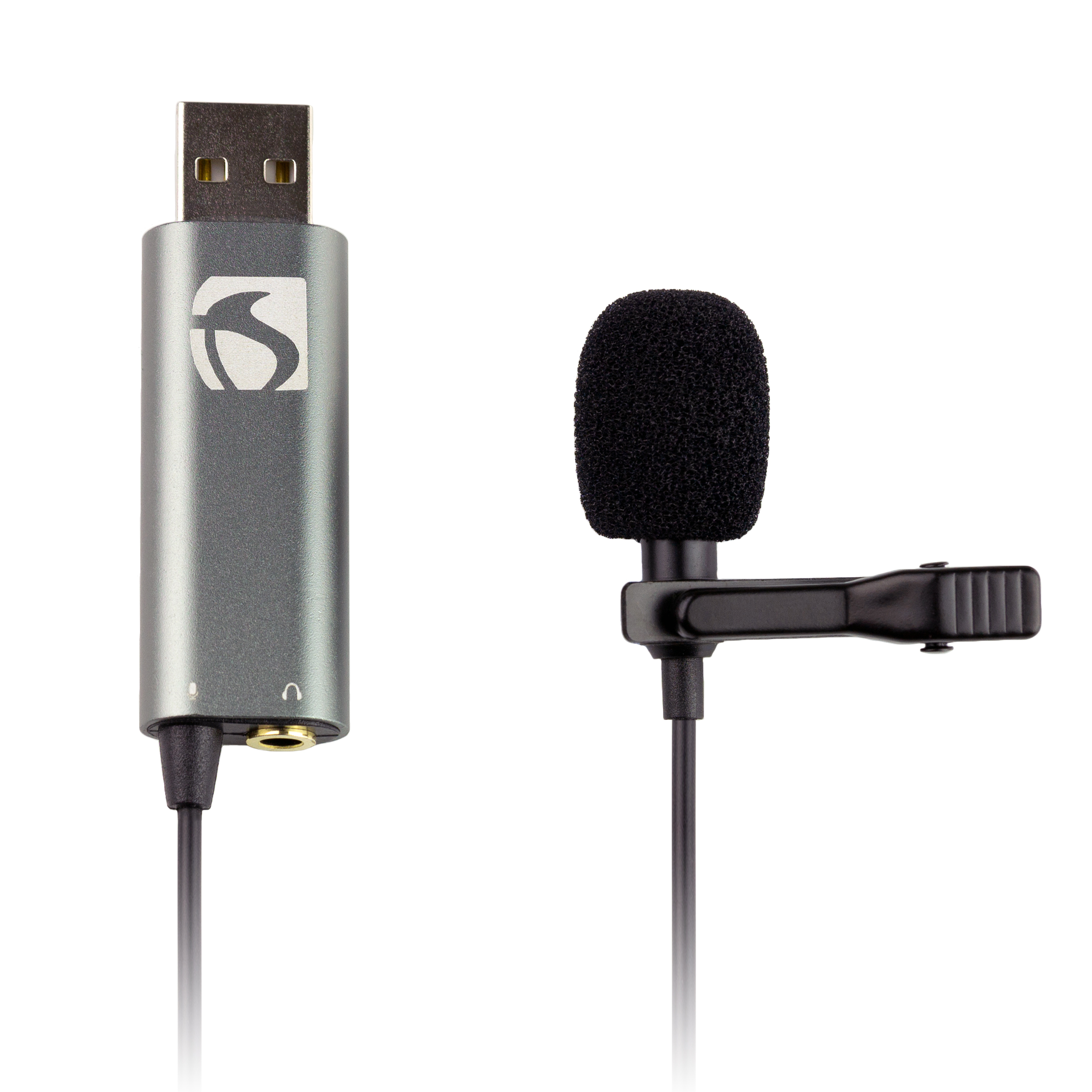 Silver USB sound clip-on microphone with a black foam windscreen, featuring a sturdy clip and a sleek design, ideal for clear audio capture in various environments.