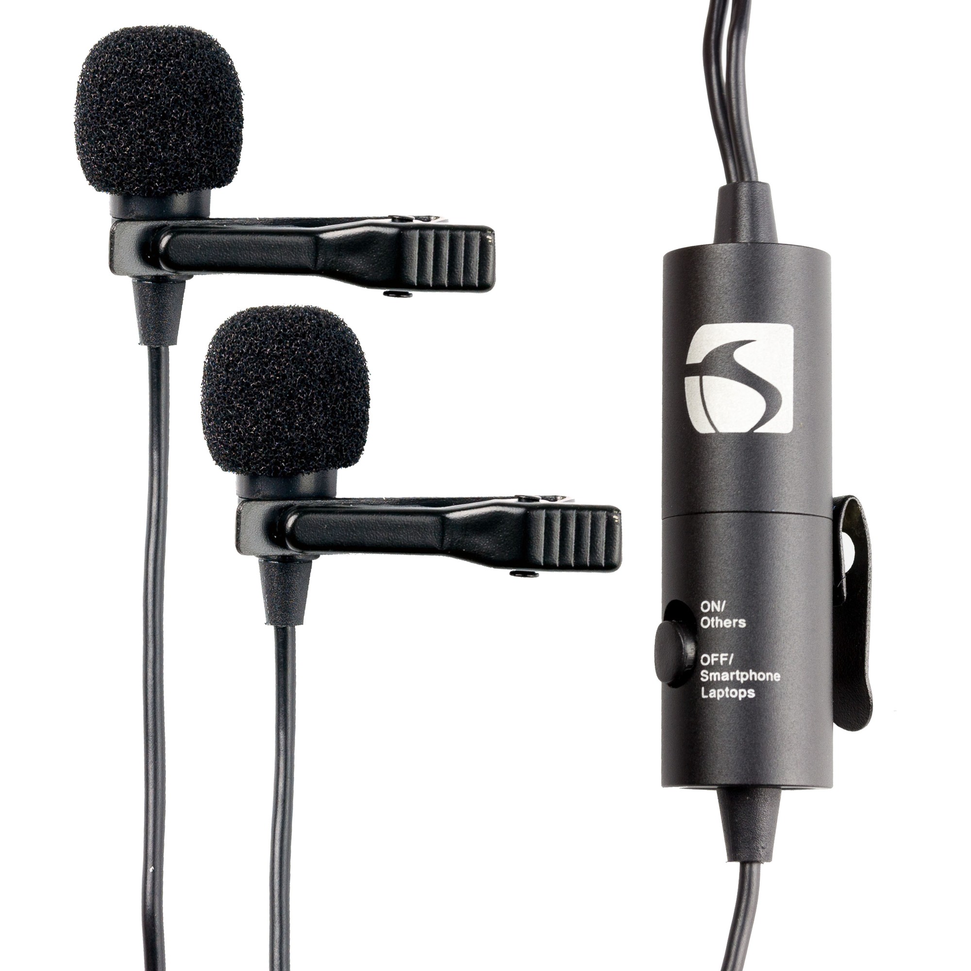 Black lavalier microphone with two clip-on mics, foam windshields, and a control unit featuring an ON/OFF switch, designed for smartphones and laptops.
