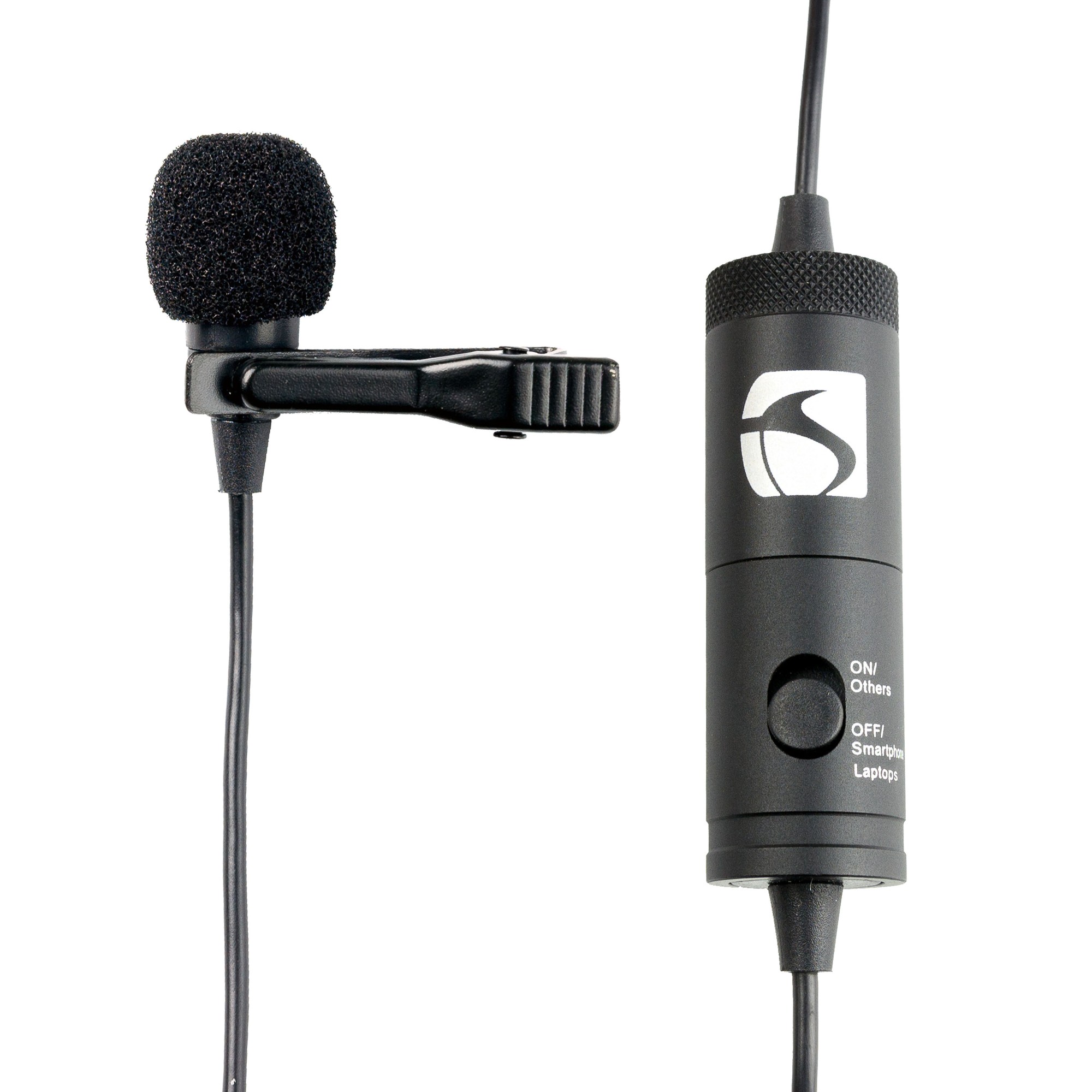Black lapel microphone with a foam windscreen, a sturdy clip for attachment, and a control unit featuring an ON/OFF switch and compatibility for smartphones and laptops.