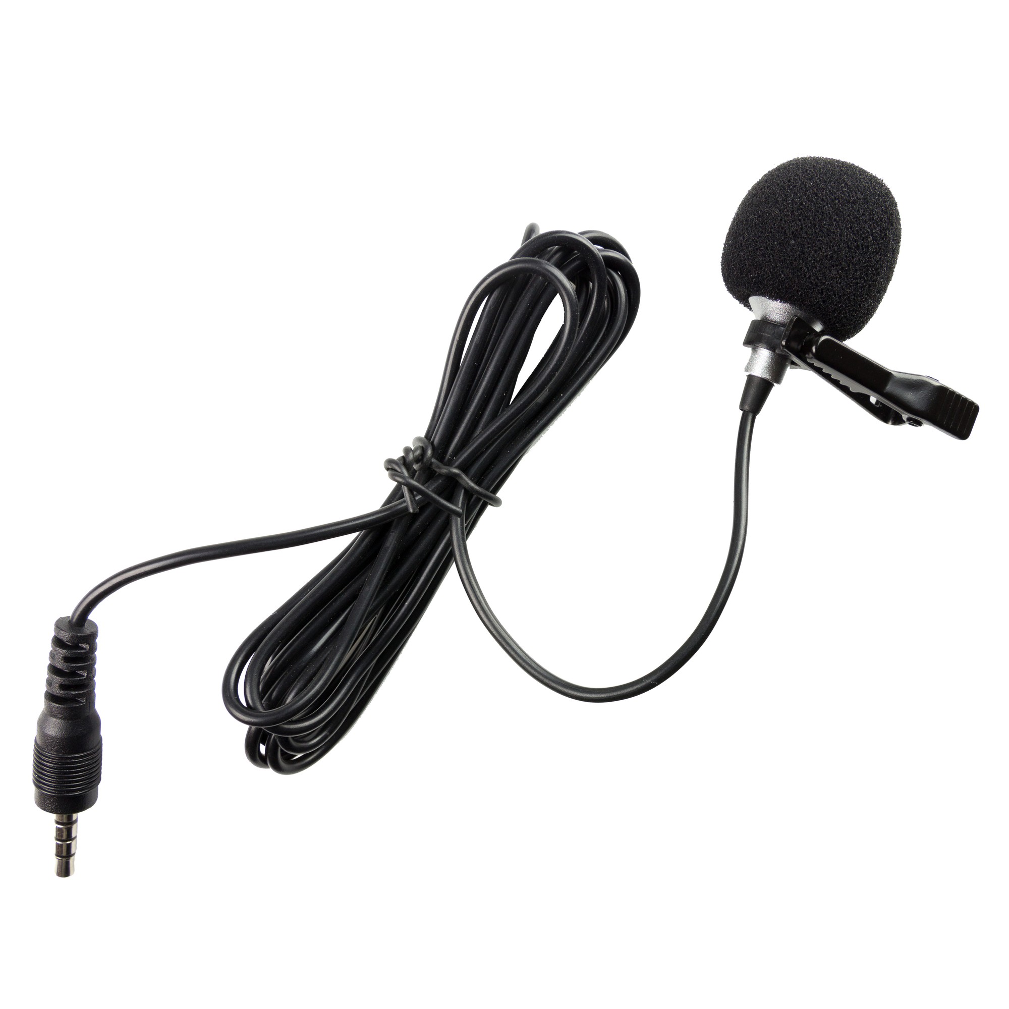 Black omni-directional lapel microphone with a foam windscreen, attached to a long black cable and a 3.5mm audio jack for easy connectivity.