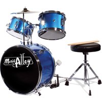 Blue PDT Music Alley 3 Piece Jr Drum Kit with bass drum, two toms, and black stool with drumsticks.
