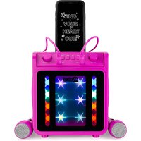 Pink PDT SingCube Bluetooth speaker with star LED lights, phone dock, two microphones, and control knobs.