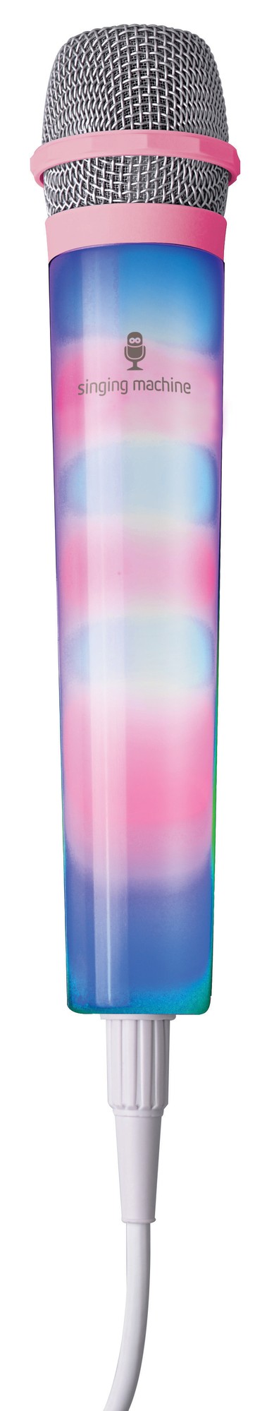 Pink LED microphone with a metallic silver mesh top, featuring a colorful gradient body and the "singing machine" logo, designed for karaoke enthusiasts.
