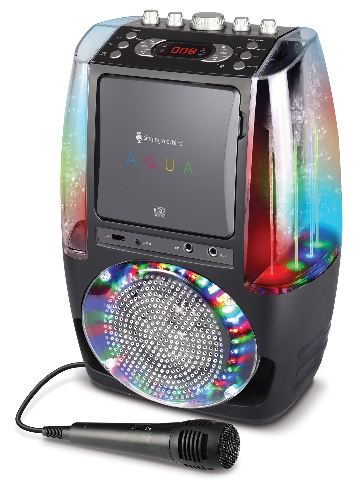 Black karaoke machine with colorful LED lights, a built-in screen displaying "AGUA," and a wired microphone, featuring various control buttons on top.
