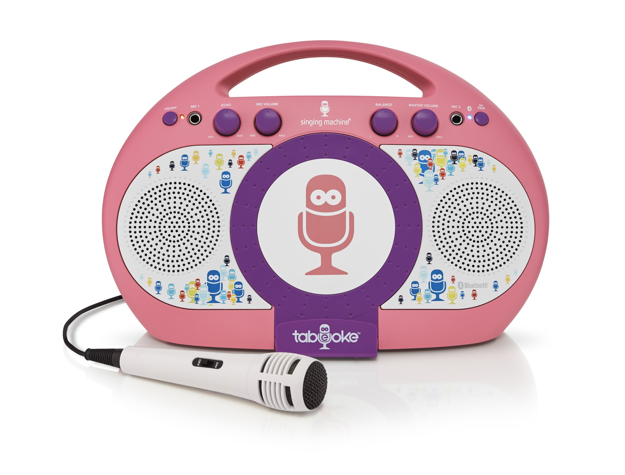 Pink karaoke machine with a cartoon microphone design, featuring Bluetooth connectivity, two speakers, and colorful character graphics, includes a wired microphone.