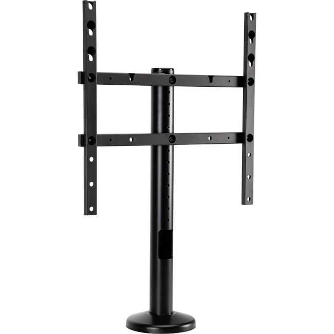 Black metal TV wall mount with adjustable brackets, featuring a sturdy base and vertical pole for secure television installation.