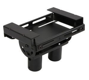 Black metal monitor mount accessory with adjustable arms and a sturdy base, designed for secure attachment to various monitor setups.