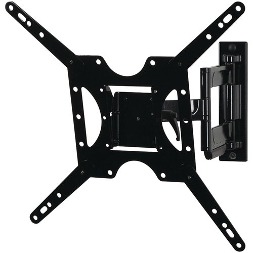 Black flat mount for displays, designed to hold up to 150 lbs, featuring a sturdy metal construction with multiple mounting holes and an adjustable arm for positioning.