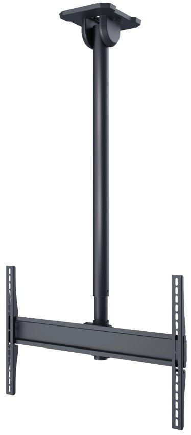 Black metal universal ceiling mount kit designed for 42 to 90+ inch displays, featuring an adjustable pole and sturdy brackets for secure installation.