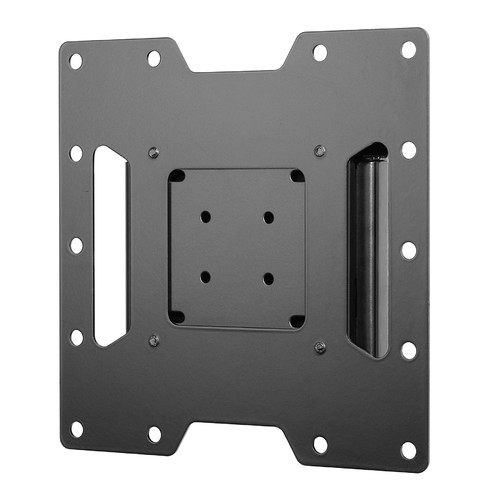 Black flat wall mount designed for 10-37 inch LCD screens, featuring VESA compatibility (75/100/100x200/200x200) and multiple mounting holes for secure installation.