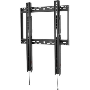 Black metal wall mount with adjustable brackets and cable management features, designed for securely holding display screens.