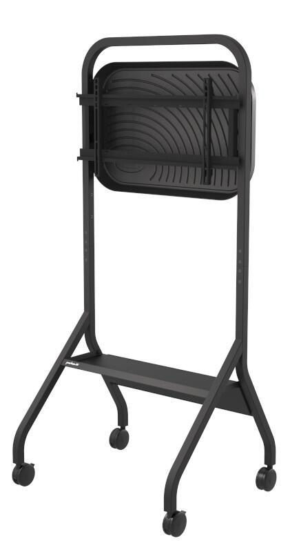 Black Peerless SR860-EUK signage display mount with a sturdy frame, adjustable height, and wheels for mobility, designed to hold a 75-inch screen.