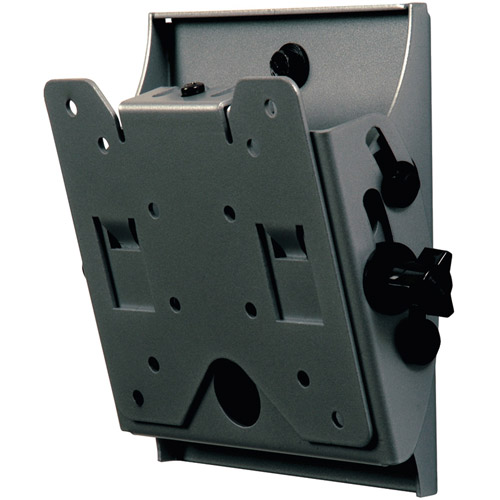 Gray metal wall mount with adjustable tilt feature, designed for universal compatibility, featuring multiple mounting holes and knobs for secure installation.