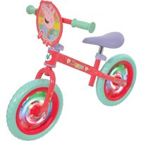 Peppa Pig 12" LED balance bike with pink frame, mint green wheels, and Peppa Pig graphics on the front plate.