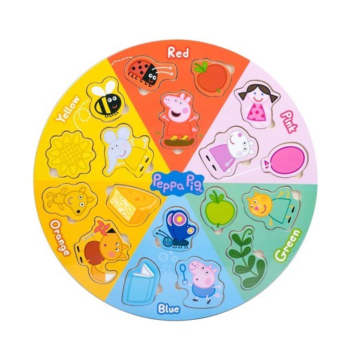 Colorful wooden sorting puzzle featuring Peppa Pig characters and objects, with sections in vibrant colors like red, blue, and yellow, designed for interactive play and learning.