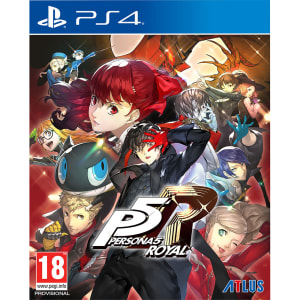 Colorful game cover featuring characters from "Persona 5 Royal," with a prominent "P5R" logo, set against a dynamic background of red, black, and blue hues.
