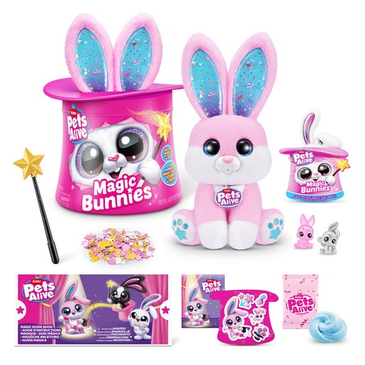 Soft pink bunny toy with large sparkly ears, accompanied by a purple container, mini bunnies, a wand, glitter, and surprise accessories, all featuring vibrant colors and plush material.